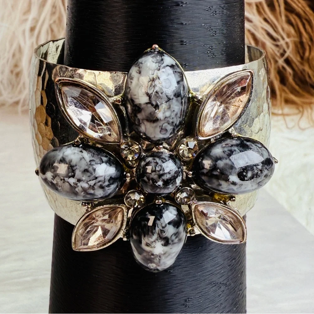 Vintage aged, Silvertone oxidized, colored accent, large cuff, runway bracelet